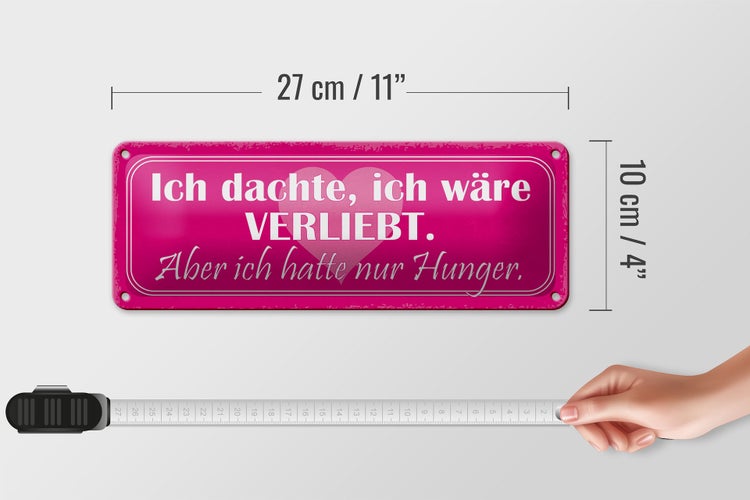 Blechschild Spruch 27x10cm dachte ich verliebt nur Hunger Dekoration