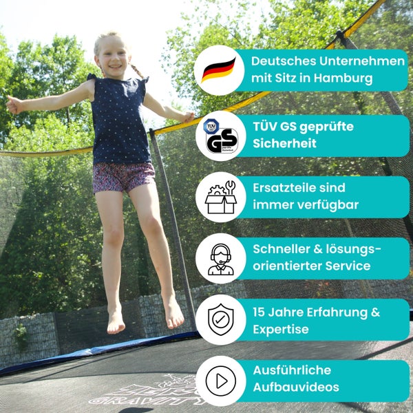 Mädchen springt auf Gartentrampolin. Deutsches Unternehmen mit Sitz in Hamburg. TÜV GS geprüfte Sicherheit. Ersatzteile sind immer verfügbar. Schneller und lösungsorientierter Service. 15 Jahre Erfahrung und Expertise. Ausführliche Aufbauvideos.