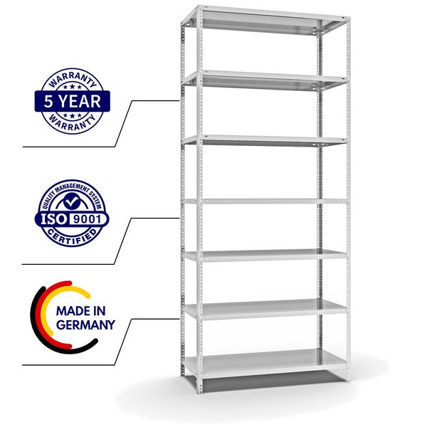 PROREGAL Fachbodenregal Schraubsystem Light-Duty Grundregal HxBxT 300 x 130 x 60 cm 7 Ebenen Fachlast 125 kg Beidseitig Nutzbar Lichtgrau