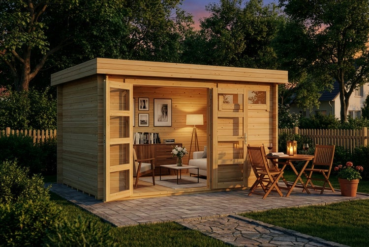 Gartenhaus aus Holz mit Flachdach und Glas-Doppeltür, eingerichtet als Wohnraum mit beleuchteter Terrasse und Holzmöbeln im Garten bei Dämmerung.