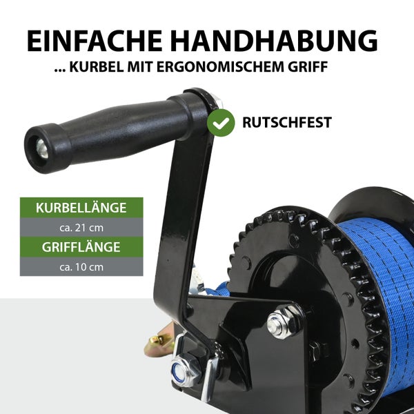 Handseilwinde mit rutschfestem Griff und einer Kurbellänge von circa 21 cm und einer Grifflänge von circa 10 cm