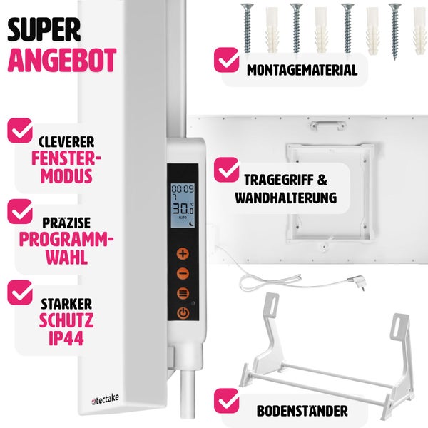 Infrarotheizung tectake  einfache Wand- oder Deckenmontage, inklusive Ständer rahmenlos mit Thermostat weiß