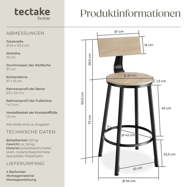 tectake home Logo. Barhocker aus Stahl und Spanplatte. Maße: Höhe 101,5 Zentimeter, Sitzhöhe 73 Zentimeter, Belastbarkeit 120 Kilogramm.