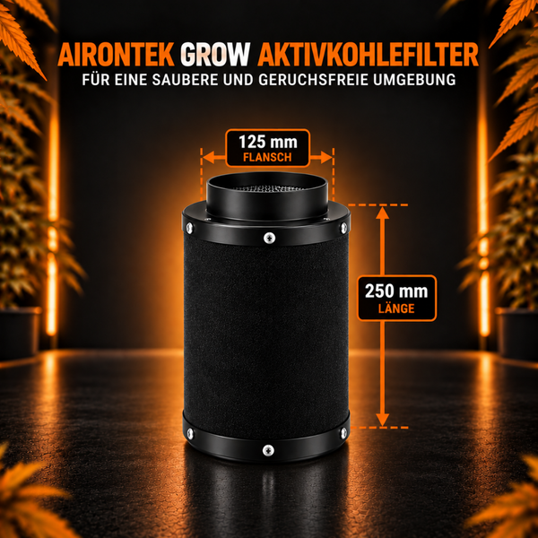 Airontek Grow Aktivkohlefilter mit 125 Millimeter Flanschdurchmesser und 250 Millimeter Gehäuselänge für eine geruchsfreie Luftfilterung.