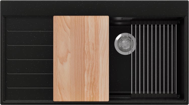 Spüle mit Schneidebrett und Abtropfgestell