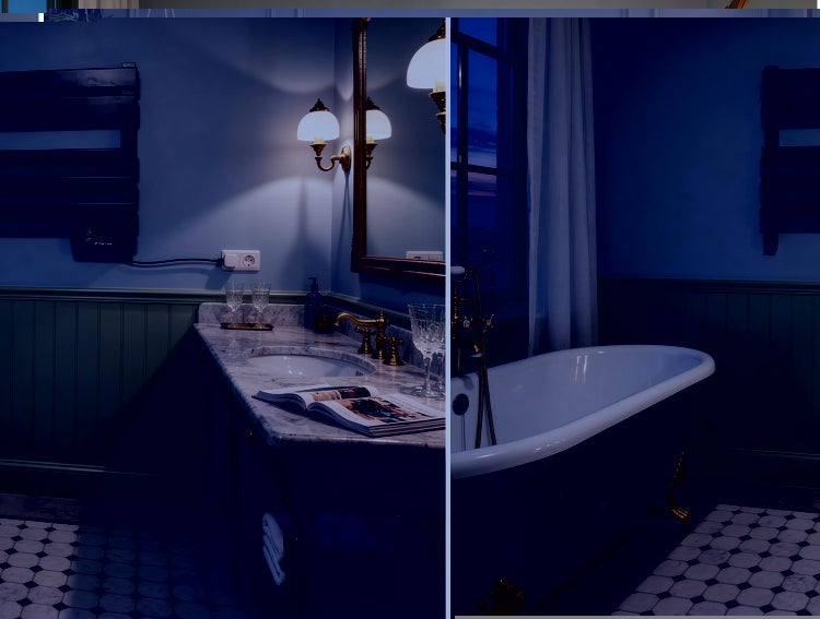 Modernes Badezimmer mit schwarzem Handtuchwärmer, Dusche und Dekoration