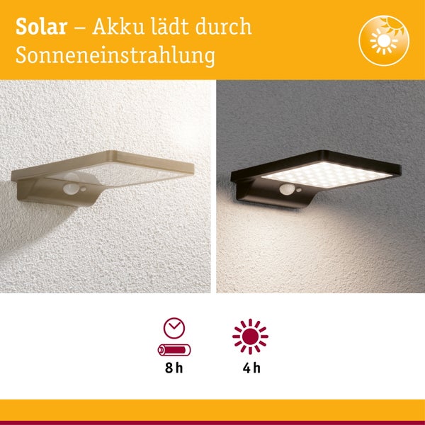 Solar-Wandleuchte mit Bewegungsmelder im Tag- und Nachtmodus. Ladezeit beträgt acht Stunden, Leuchtdauer vier Stunden.
