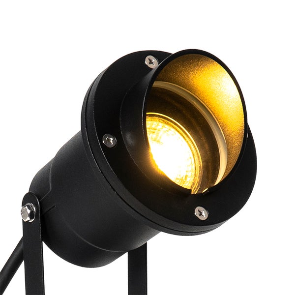 Schwarzer Gartenstrahler mit warmweißem Licht und Haltebügel.