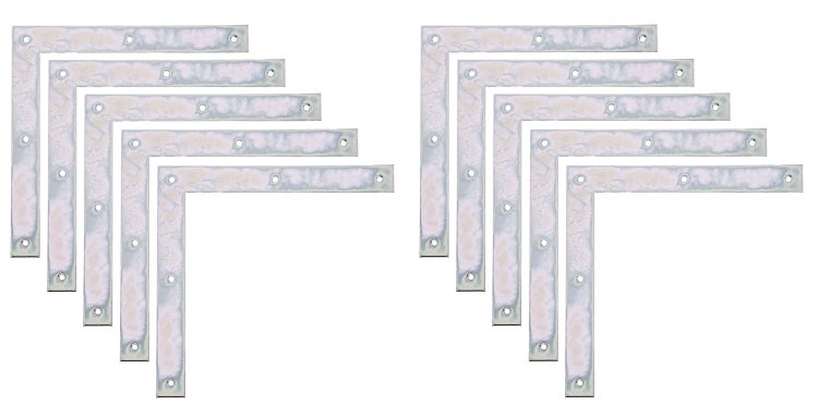 Set aus acht flachen Eckverbindern aus Metall zur stabilen Holzverbindung mit vorgebohrten Löchern für Schrauben.