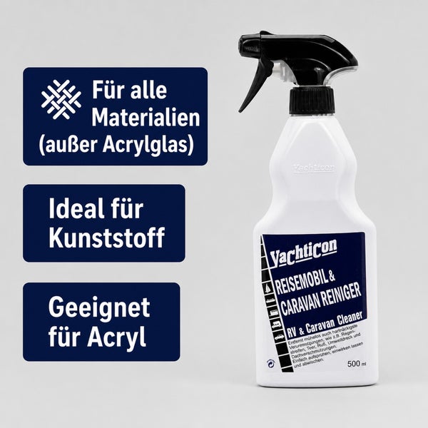 Yachticon Reisemobil und Caravan Reiniger in einer 500 Milliliter Sprühflasche zur Reinigung von Oberflächen an Wohnmobilen und Wohnwagen.