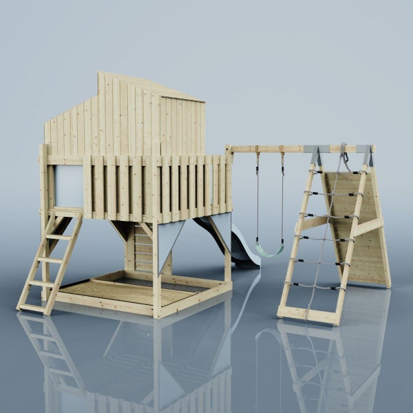 Spielturm mit Rutsche, Schaukel und Kletterwand aus Holz