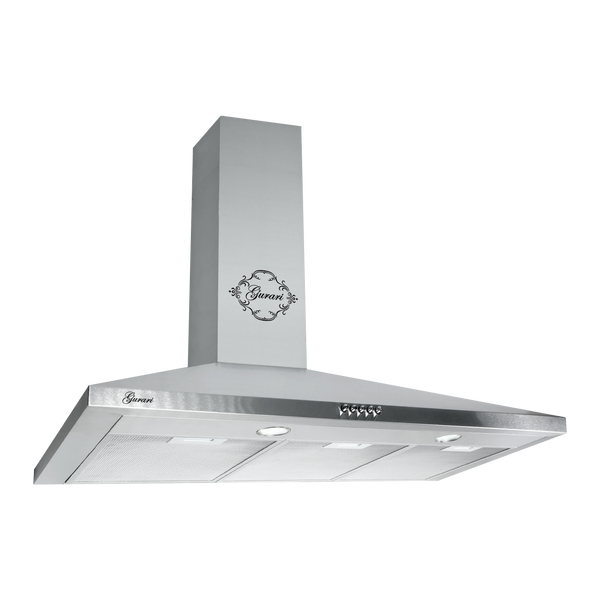 Wandhaube aus Edelstahl mit Gurari Logo, Bedienelementen und Beleuchtung.