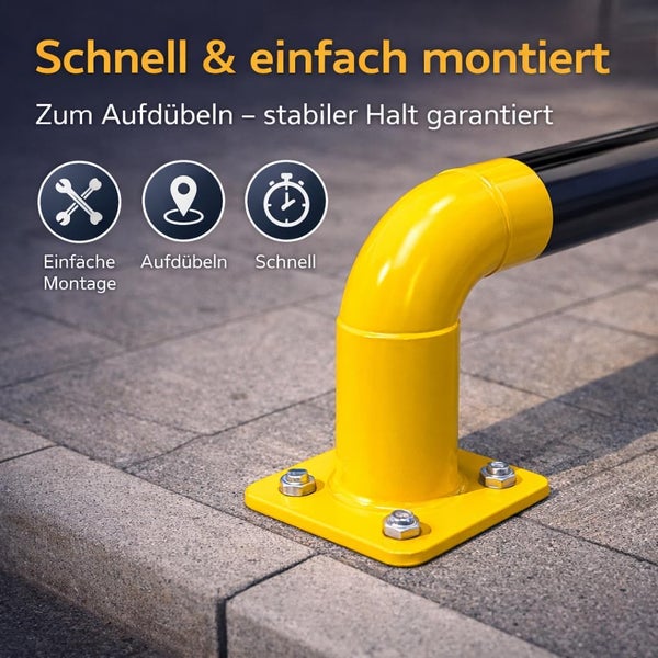 Schutzbügel aus Metall mit Bodenplatte zum Aufdübeln auf Pflasterstein. Symbole für einfache Montage, Befestigung mit Dübeln und Schnelligkeit.