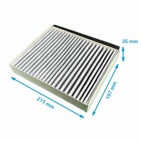 Abmessungen eines Innenraumfilters: 215 mm Länge, 197 mm Breite, 35 mm Höhe.