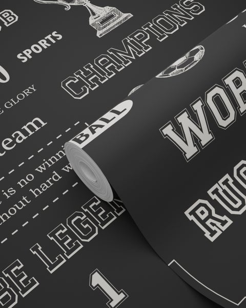 Tapetenrolle mit Sportmotiven wie Trophäen und Fußbällen