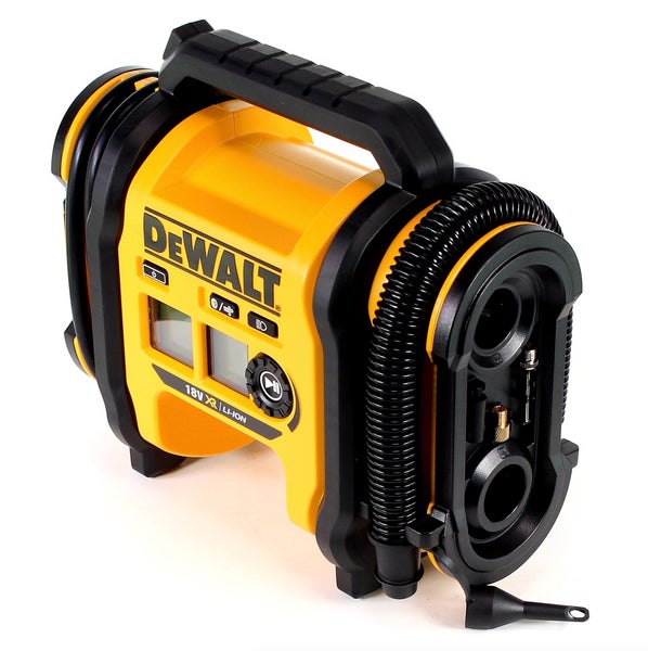 DeWalt 18 Volt Akku Kompressor DCC018N mit digitaler Anzeige, Tragegriff und integriertem Luftschlauch.