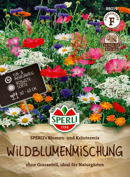 Sperli Wildblumenmischung für Naturgärten, ein- und mehrjährige Blumenmischung mit Informationen zu Wuchshöhe und Eignung für Nützlinge.