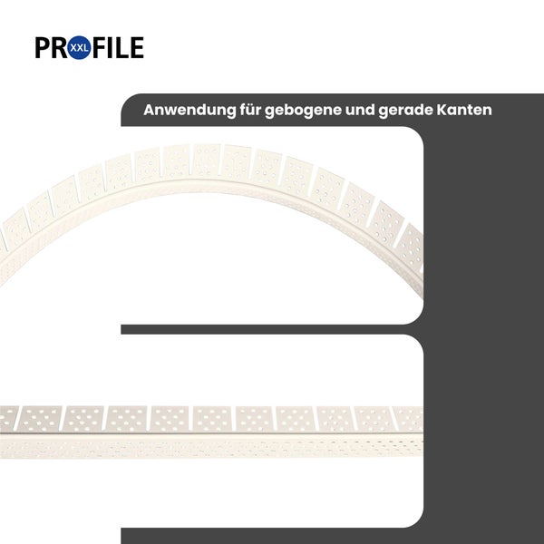 PRO XXL FILE Logo. Flexibles Eckprofil für gebogene und gerade Kanten im Trockenbau, aus gelochtem Kunststoff.