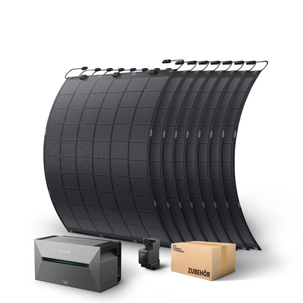 Balkonkraftwerk Set mit zehn flexiblen Solarmodulen, Anker Solix Solarbank 2 Pro Speicher, Smart Meter und Zubehörbox.