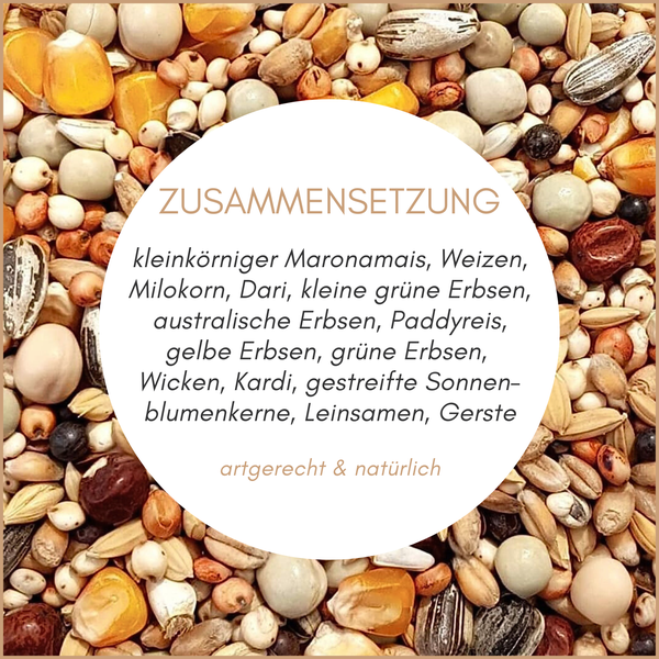 Zusammensetzung aus Mais, Weizen, Hirse, Dari, Erbsen, Paddyreis, Wicken, Kardi, Sonnenblumenkerne, Leinsamen und Gerste