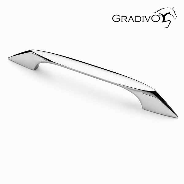 Moderner Möbelgriff aus poliertem Metall in Bogenform und Gradivo Logo.