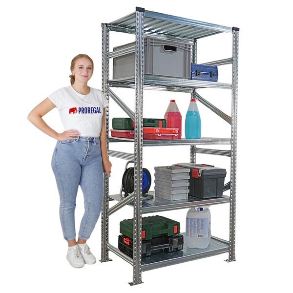 Metallregal mit fünf Ebenen und verschiedenen Werkzeugen und Behältern