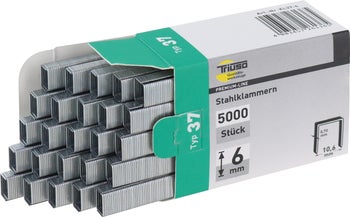 Triuso Stahlklammern Typ 37, 6 Millimeter Länge, Packung mit 5000 Stück, Triuso Logo.