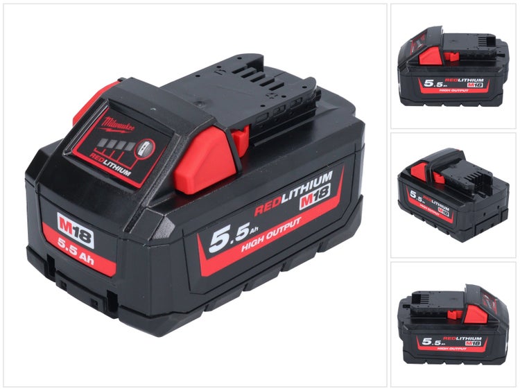 Milwaukee Logo auf einem M18 Akku mit 5,5 Amperestunden, RedLithium High Output Technologie und Ladestandsanzeige.