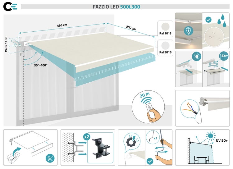 Fazzio LED 500L300 Markise mit Maßen und Eigenschaften wie UV Schutz 50+