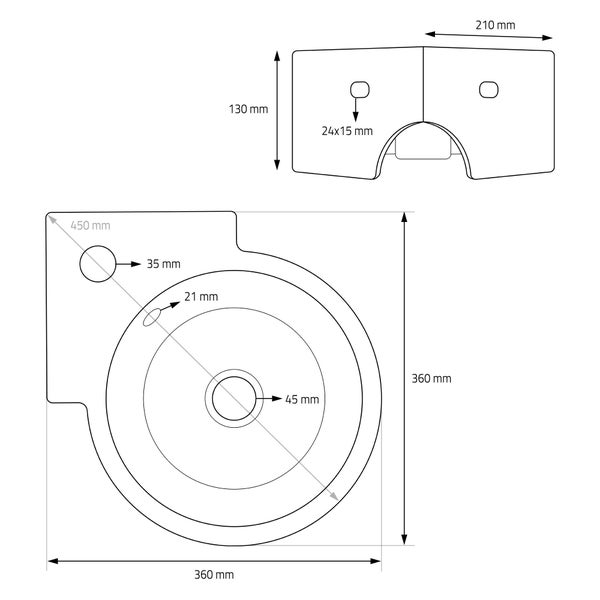 ML-Design hoekwastafel zwart keramiek 45 x 36 x 13 cm rond met afvoerset wandmontage hoekmodel overloop waskom badkamermeubel handwasbak moderne wastafel voor muurbevestiging compact wasmeubel