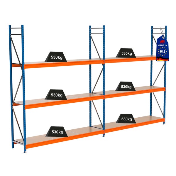 Regal mit mehreren Ebenen und Gewichtsangabe von 530 Kilogramm, Hergestellt in der EU Siegel