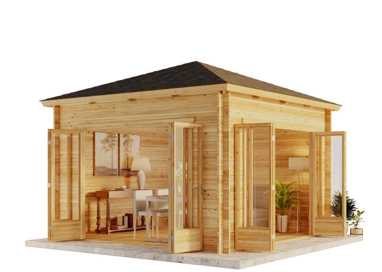 Alpholz Gartenhaus Sunshine ISO mit großer Falttür Gartenhaus aus Holz in natur, Holzhaus mit 40 mm Wandstärke, Blockbohlenhaus mit Montagematerial imprägniert