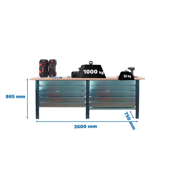 Werkbank BUFFALO WOOD mit 10x Schublade| HxBxT 86,5x260x75cm | Traglast 1000kg | Anthrazit