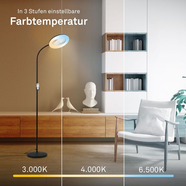 Schwarze Stehleuchte in einem modernen Wohnzimmer mit in drei Stufen einstellbarer Farbtemperatur von 3000 Kelvin bis 6500 Kelvin.