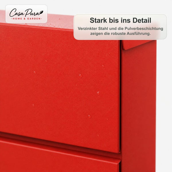 Detailansicht eines Briefkastens aus verzinktem Stahl mit Pulverbeschichtung und Casa Pura Logo.