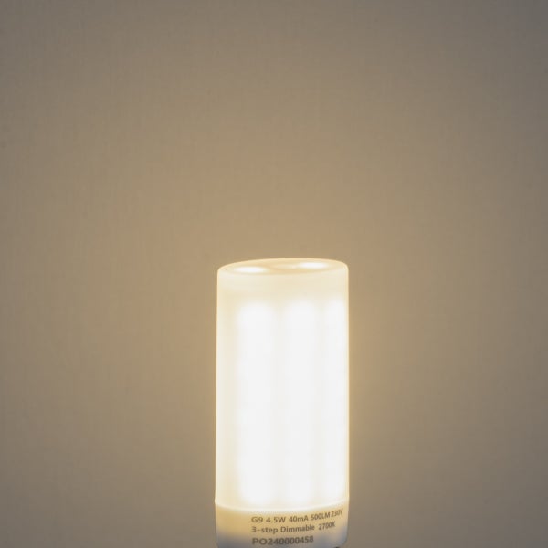 LED-Leuchtmittel G9 4,5 Watt 500 Lumen warmweiß 3-stufig dimmbar.