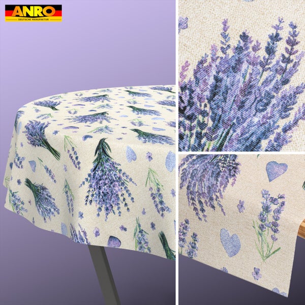 Runde Tischdecke mit Lavendel- und Herzmotiven, Materialtextur in Nahaufnahme, ANRO Logo.