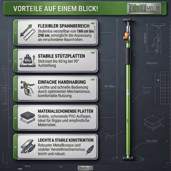 Trutzholm Deckenstütze mit 160 bis 290 Zentimeter Spannbereich und 60 Kilogramm Tragkraft inklusive technischer Daten und Vorteile.