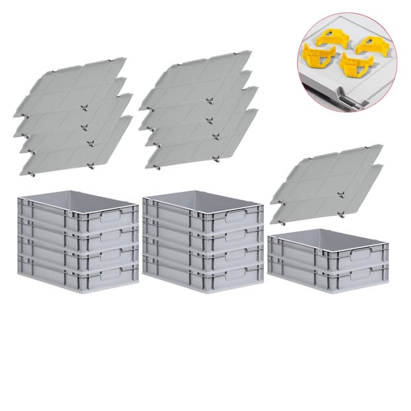 PROREGAL Spar Set 10x Eurobox Nextgen Economy Mit Auflagedeckel & 4x Schiebeschnappverschlüsse Gelb Griffe Geschlossen HxBxT 12 x 40 x 60 cm 23 Liter