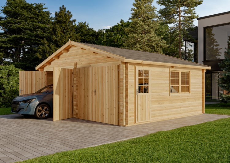 Holzgarage mit Autounterstand, Tür und Fenster im Garten