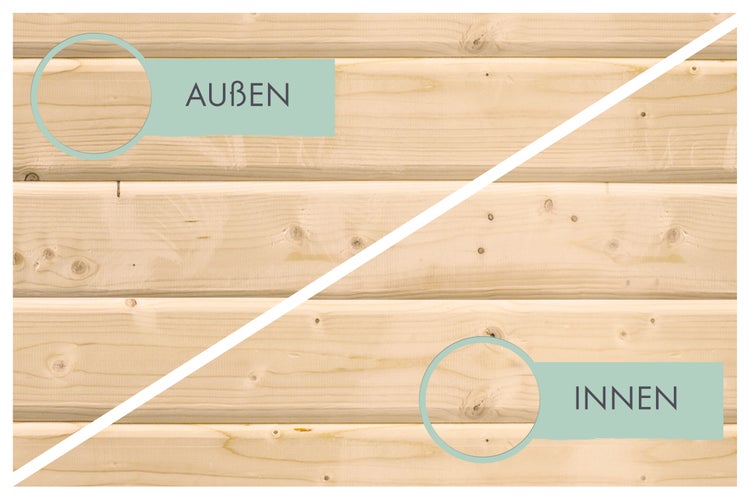 Holzbohlen mit Kennzeichnung für die Verwendung im Innenbereich und Außenbereich.