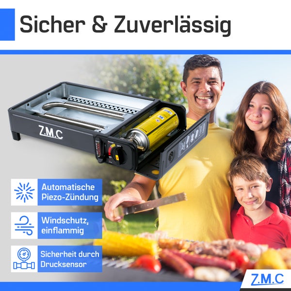 Mobiler Z.M.C Gaskocher mit Piezo-Zündung, Windschutz und Sicherheitsdrucksensor. Im Hintergrund eine Familie beim Grillen. Z.M.C Logo.