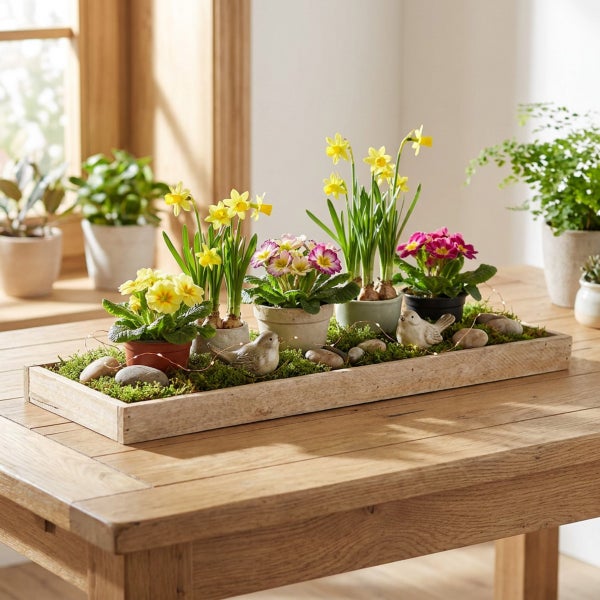 Frühlingshafte Tischdekoration in einer Holzschale mit Primeln, Narzissen, Moos, Deko-Vögeln und Steinen auf einem Holztisch.