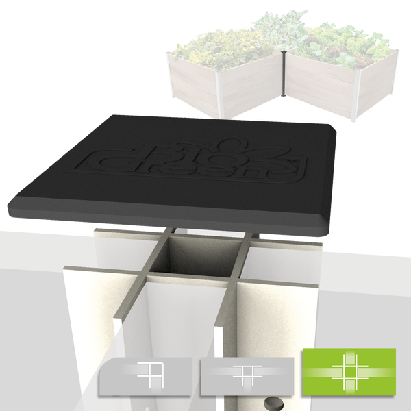 Bio Green Pfostenkappe für modulare Hochbeete mit Darstellungen der verschiedenen Verbindungsmöglichkeiten für Ecken und Kreuzungen.