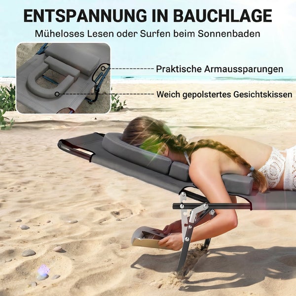 Sonnenliege für Bauchlage mit weich gepolstertem Gesichtskissen und praktischen Armaussparungen zum Lesen am Strand.