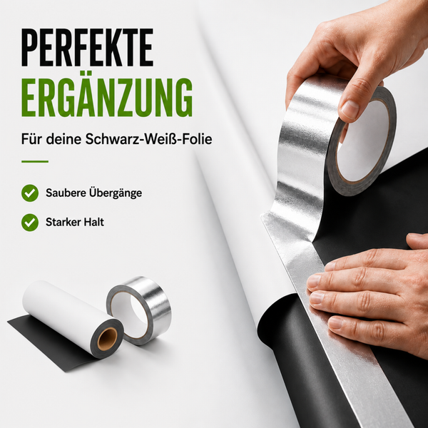 Eine Person verklebt reflektierendes Aluminiumklebeband auf einer schwarz weißen Folie für saubere Übergänge und starken Halt.