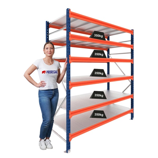 Schwerlastregal aus Metall mit vier Ebenen, Tragkraft 332 Kilogramm pro Boden, Hergestellt in der Europäischen Union.