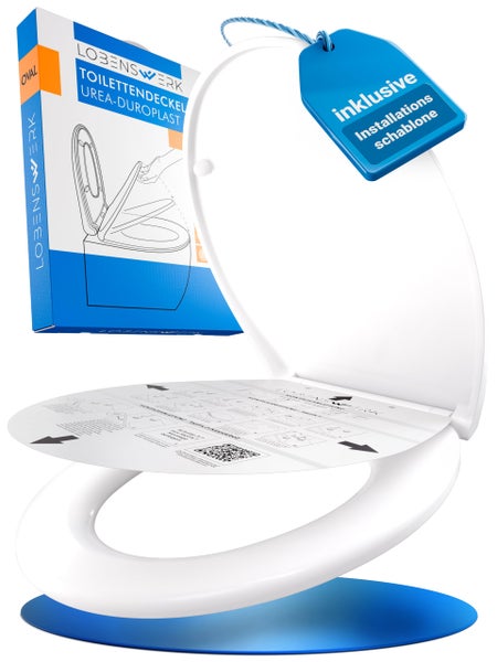 Lobenswerk Toilettendeckel oval aus Urea-Duroplast in Weiß mit Verpackung und inklusive Installationsschablone.