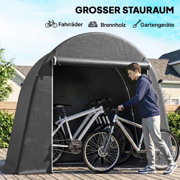 Lagerzelt mit viel Stauraum für Fahrräder, Brennholz und Gartengeräte mit aufrollbarer Vorderseite.