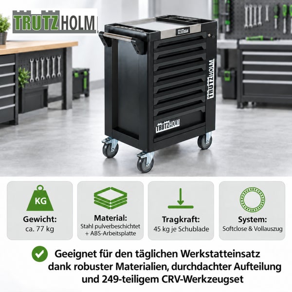 Werkstattwagen von Trutzholm mit sieben Schubladen, Softclose-System, pulverbeschichtetem Stahl und Ablagefläche aus Kunststoff in der Werkstatt.